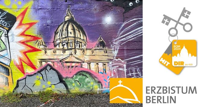 Buntes Graffiti des Petersdomes, das Logo des Erzbistums Berlin und der Ministrantenwallfahrt 2024 nach Rom.